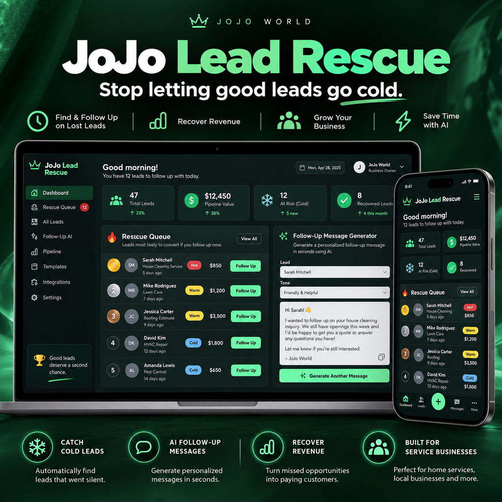 JoJo Lead Rescue dashboard and mobile app product preview