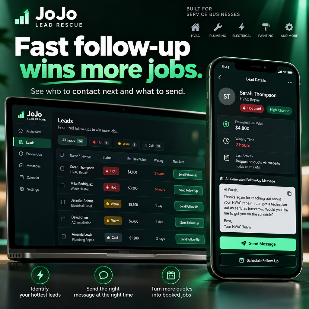 JoJo Lead Rescue fast follow-up product image for service businesses