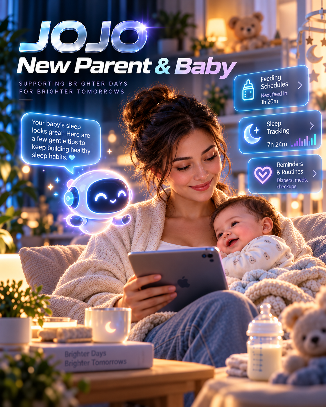 JOJO New Parent and Baby small AI assistant helping a real mother