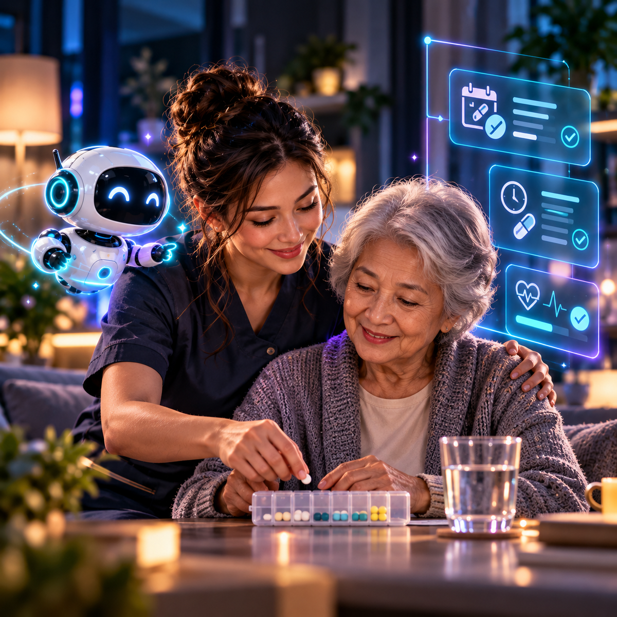 JOJO Senior Companion supporting an older adult with a caregiver