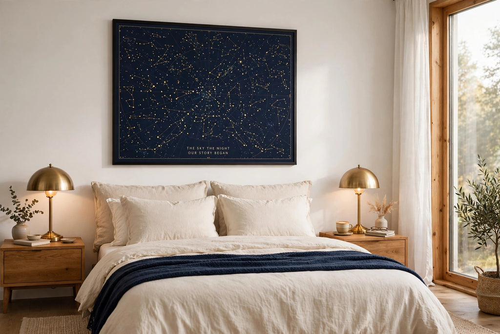 Celestia Keepsakes star map poster — framed print above bed, bedroom wall mockup